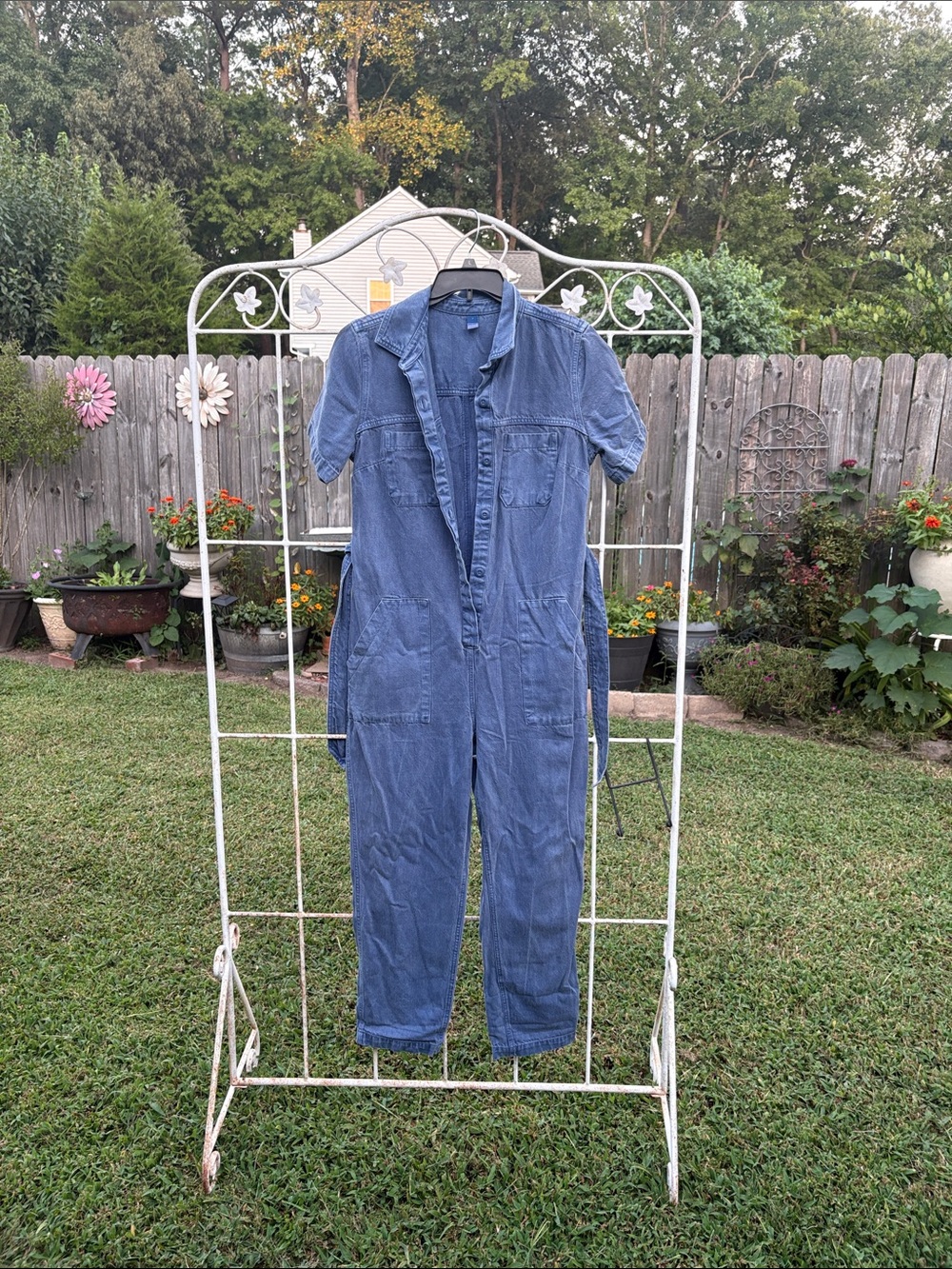 Old Navy Blue Short-Sleeve Denim Jumpsuit with Waist Tie